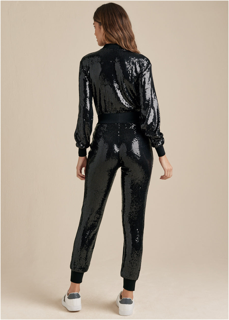 Sequin Jogger Jumpsuit - Black