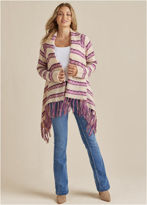 Stripe Fringe Cardigan - Beige Multi - thumbnail-2