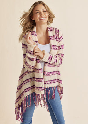 Stripe Fringe Cardigan - Beige Multi - thumbnail-1