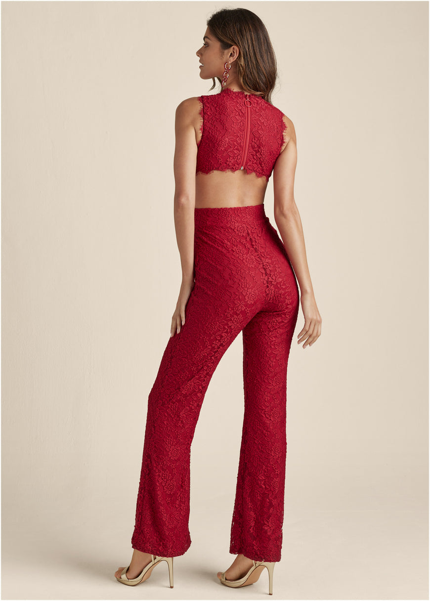 Open Back Lace Jumpsuit - Red