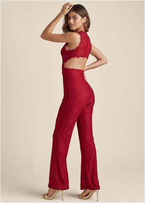 Open Back Lace Jumpsuit - Red - thumbnail-3