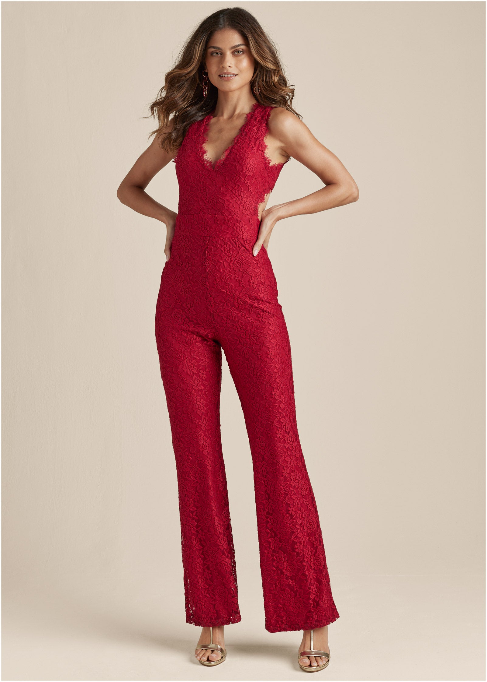 Venus Red Open Back Lace Jumpsuit On Sale