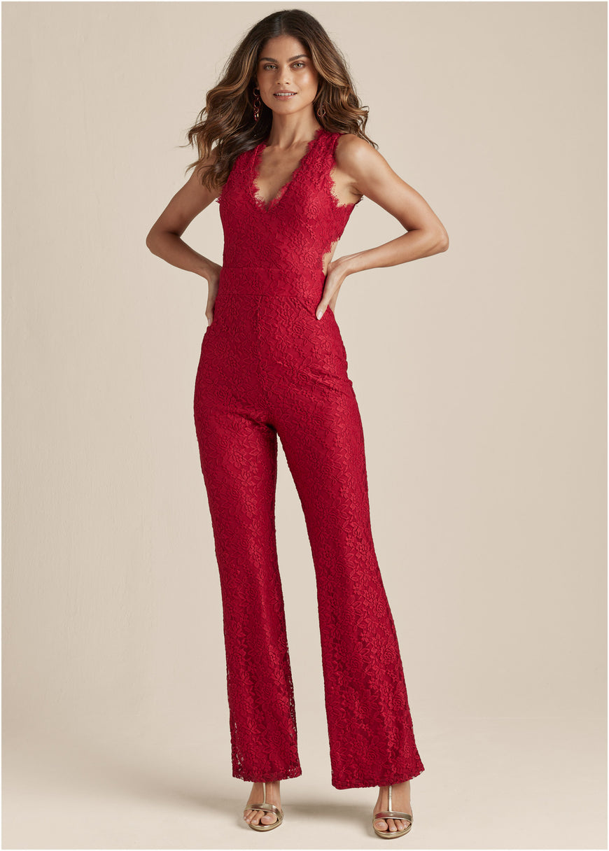 Open Back Lace Jumpsuit - Red