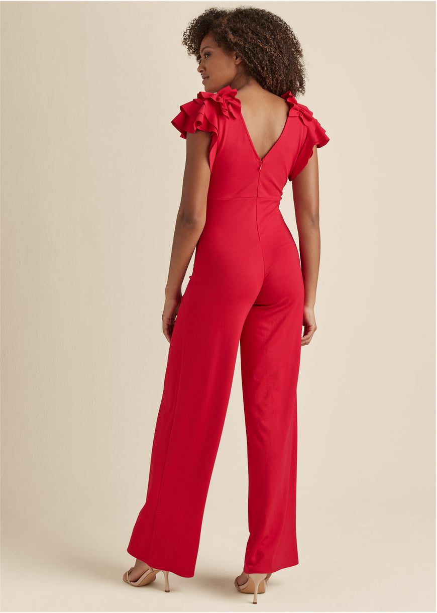 Venus Red Ruffle Sleeve Jumpsuit On Sale