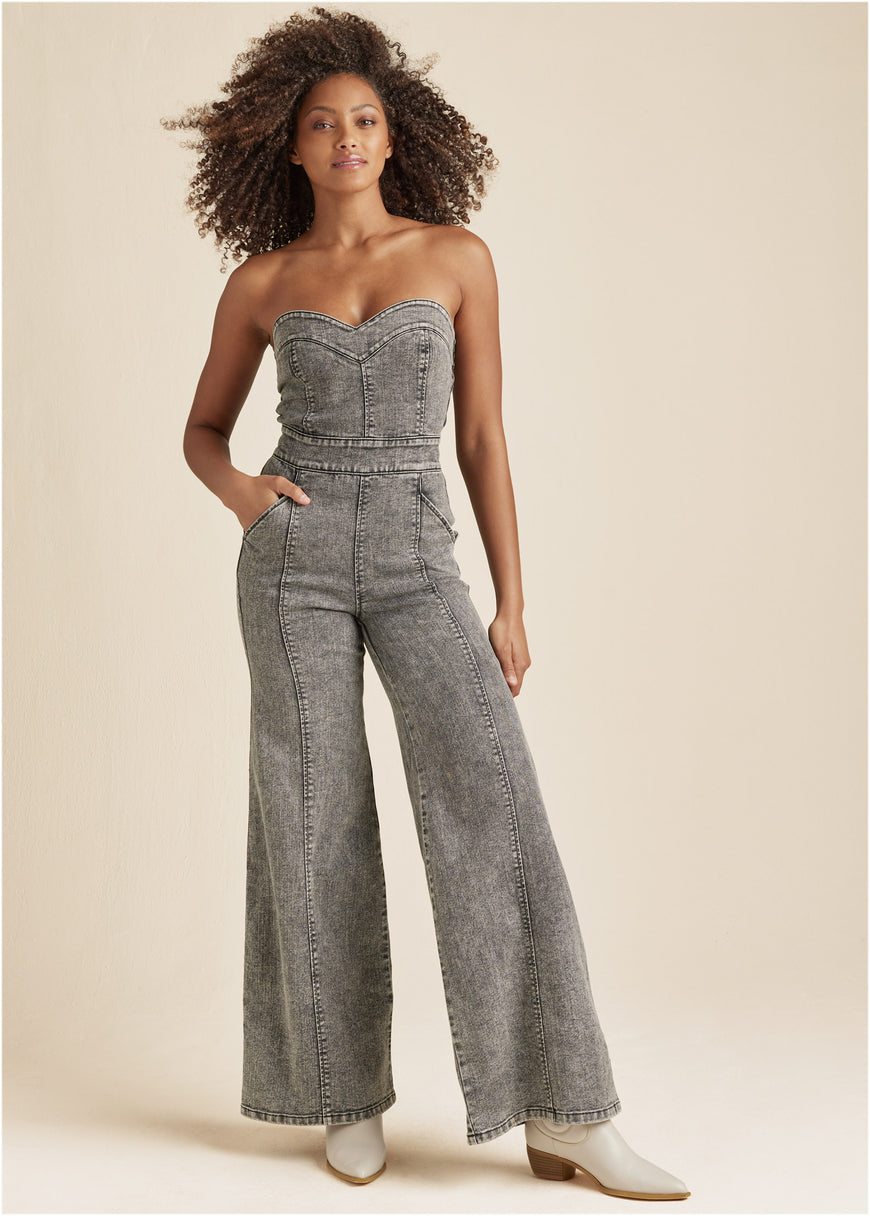 Wide Leg Denim Jumpsuit - Grey Washed Denim