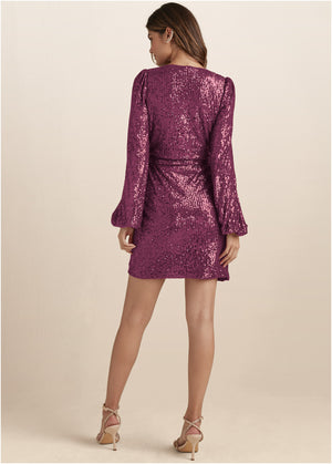 Belted Sequin Wrap Dress - Wine - thumbnail-2