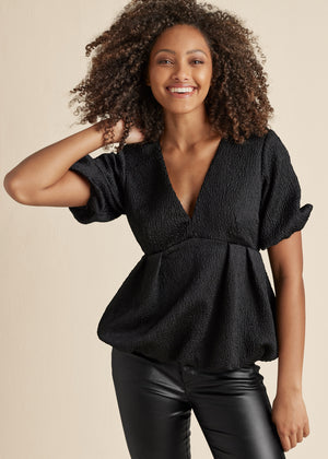 Textured V-Neck Top - Black - thumbnail-1