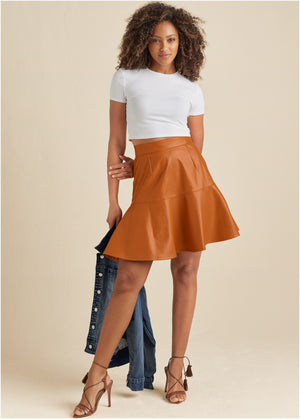 Faux Leather Trumpet Skirt  - Cognac - thumbnail-8