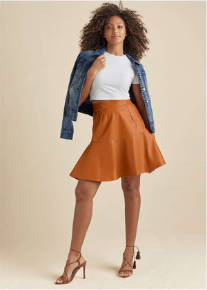 Faux Leather Trumpet Skirt  - Cognac - thumbnail-1