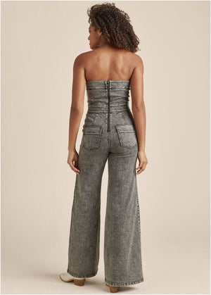 Wide Leg Denim Jumpsuit - Grey Washed Denim - thumbnail-2