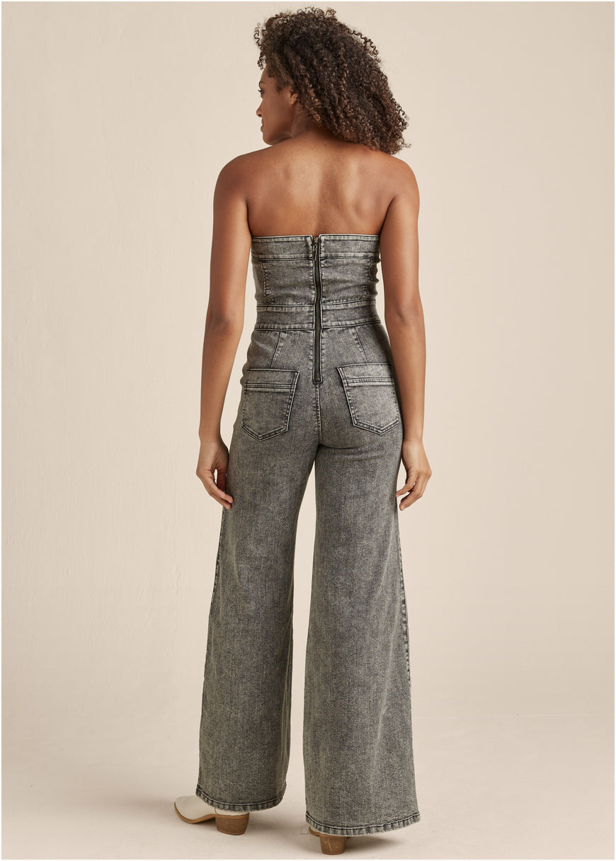 Wide Leg Denim Jumpsuit - Grey Washed Denim