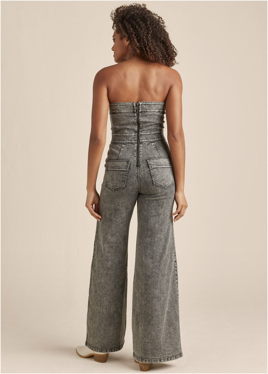 Wide Leg Denim Jumpsuit - Grey Washed Denim