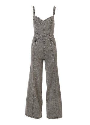 Wide Leg Denim Jumpsuit - Grey Washed Denim - thumbnail-5