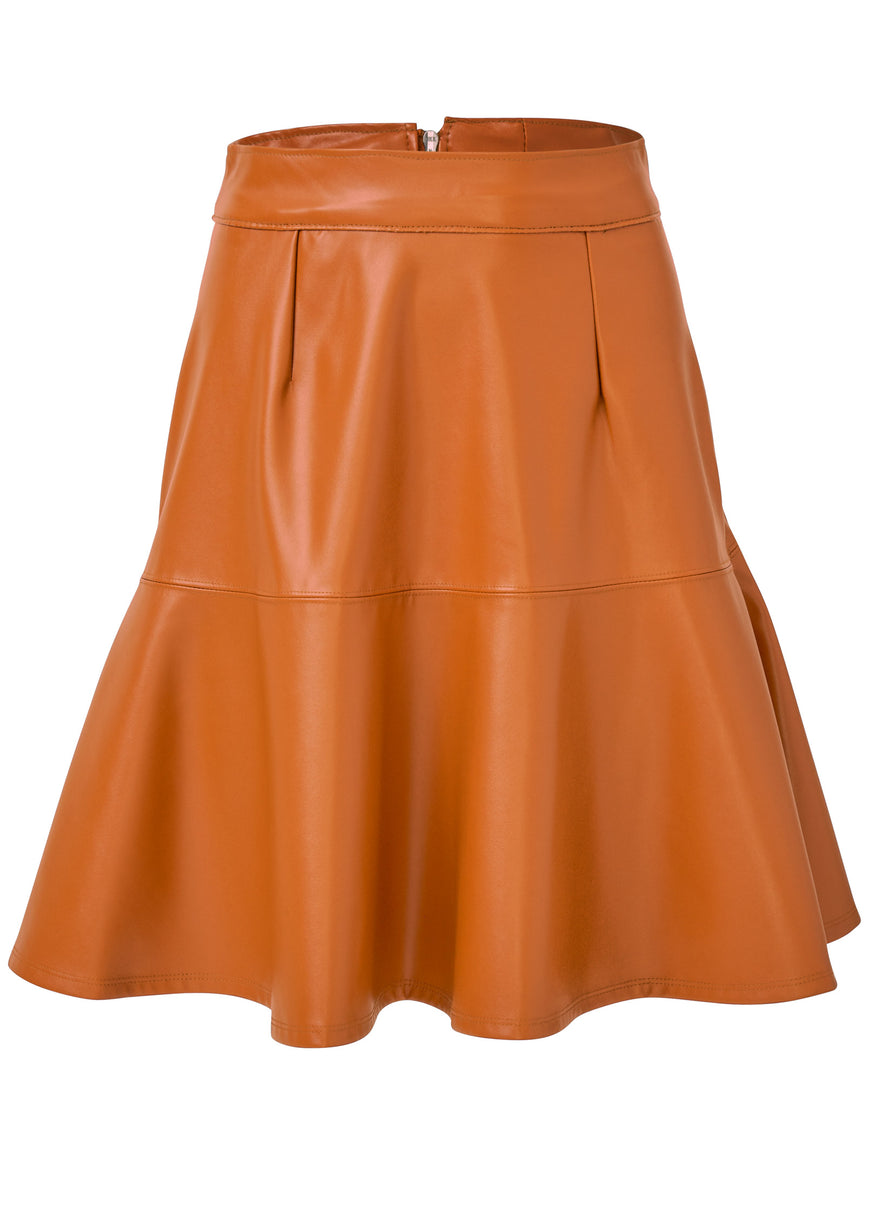 Faux Leather Trumpet Skirt  - Cognac