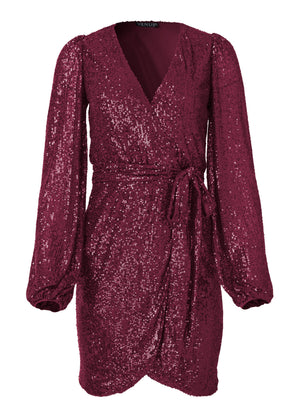 Belted Sequin Wrap Dress - Wine - thumbnail-5