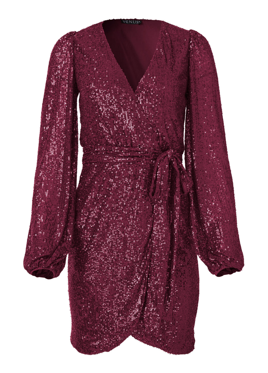 Belted Sequin Wrap Dress - Wine