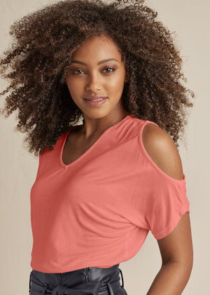 Cold-Shoulder V-Neck Top - Burnt Coral - thumbnail-3