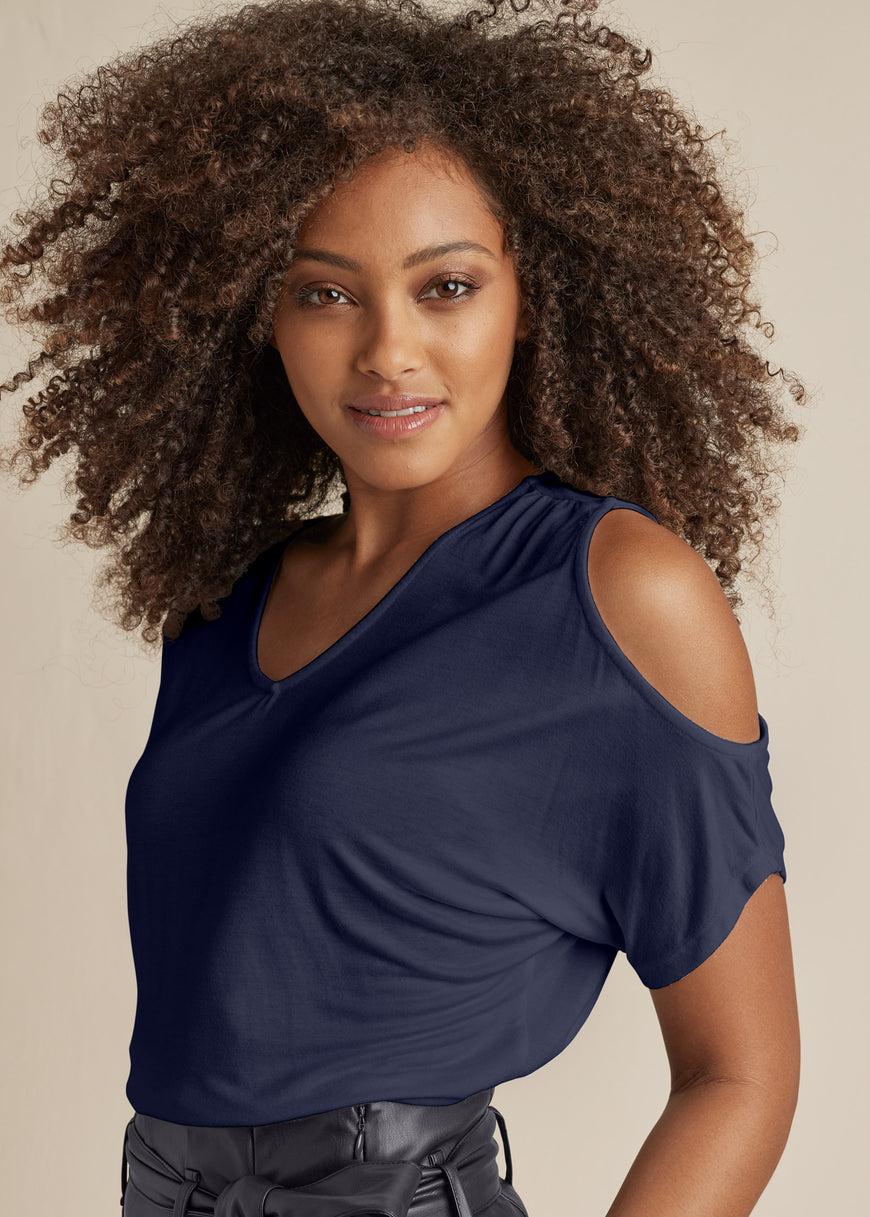 Cold-Shoulder V-Neck Top - Navy