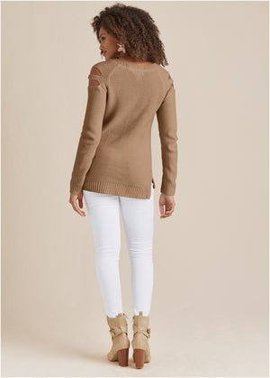 Cutout Sleeve Sweater - Tan - thumbnail-3