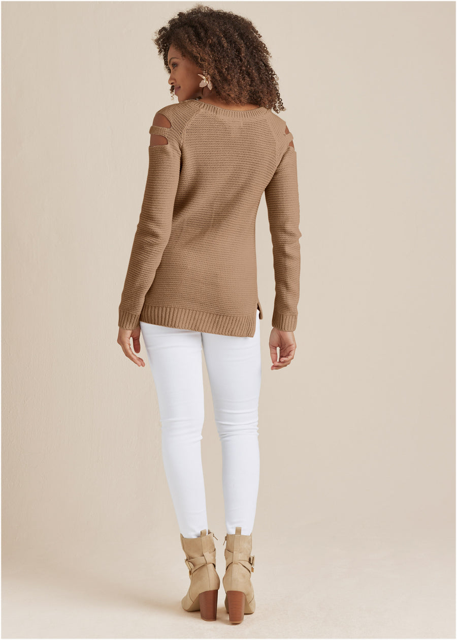 Cutout Sleeve Sweater - Tan