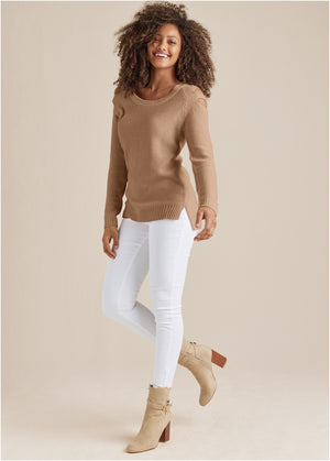 Cutout Sleeve Sweater - Tan - thumbnail-2