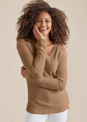 Cutout Sleeve Sweater - Tan - thumbnail-1