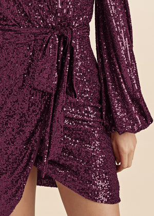 Belted Sequin Wrap Dress - Wine - thumbnail-3