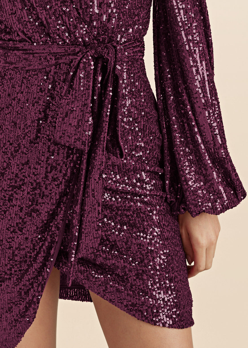 Belted Sequin Wrap Dress - Wine