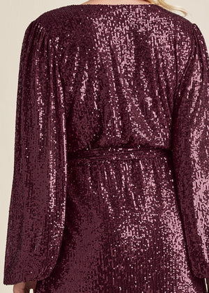 Belted Sequin Wrap Dress - Wine - thumbnail-9