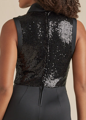 Sequin Tuxedo Jumpsuit - Black - thumbnail-4