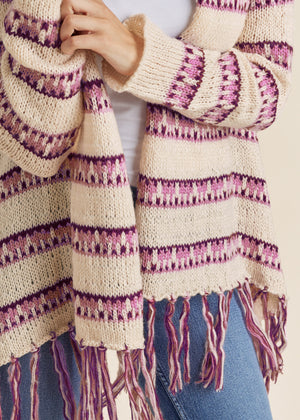 Stripe Fringe Cardigan - Beige Multi - thumbnail-4