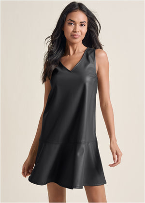 Faux Leather Mini Dress - Black - thumbnail-2