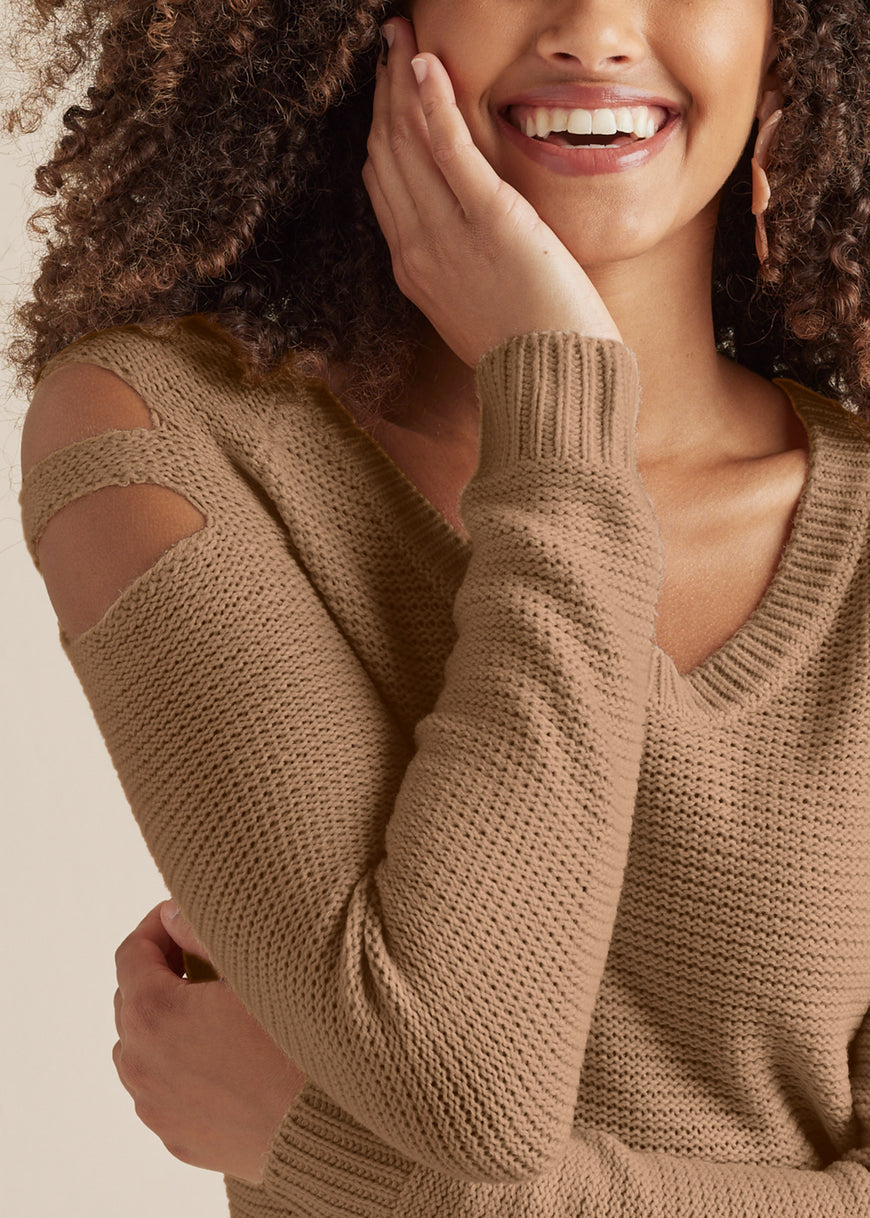 Cutout Sleeve Sweater - Tan