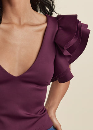 Ruffle Sleeve V-Neck Top - Wine - thumbnail-3