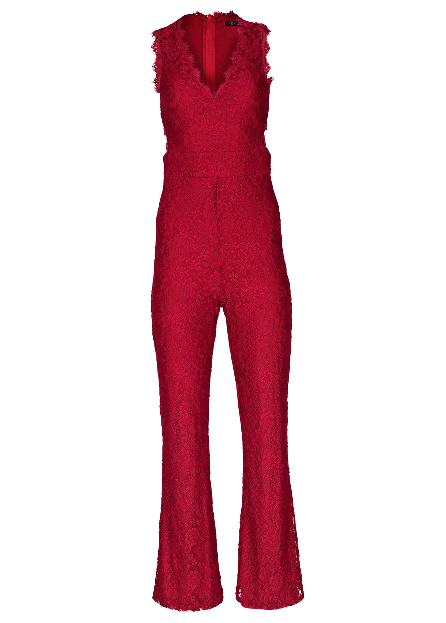 Open back lace jumpsuit - Red