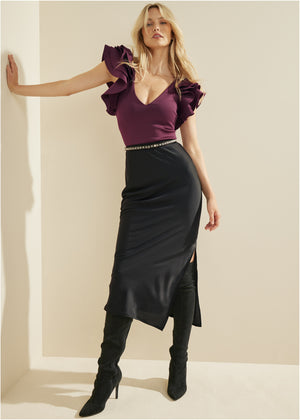 Ruffle Sleeve V-Neck Top - Wine - thumbnail-8