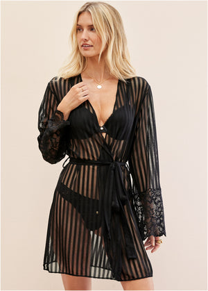 Illusion Lace Robe - Onyx Stripe - thumbnail-1