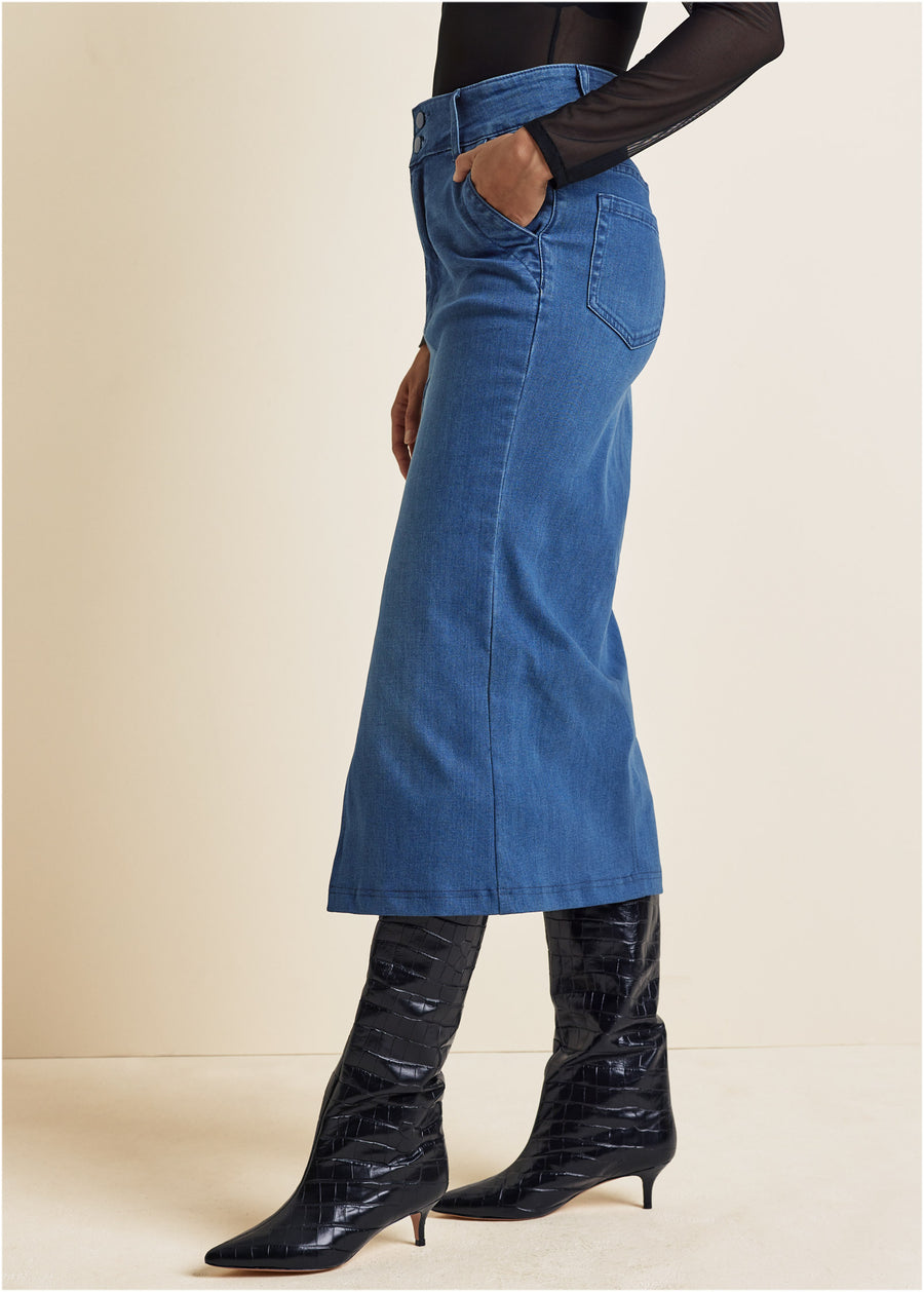 Jupe midi en denim upcyclé - Dark Wash