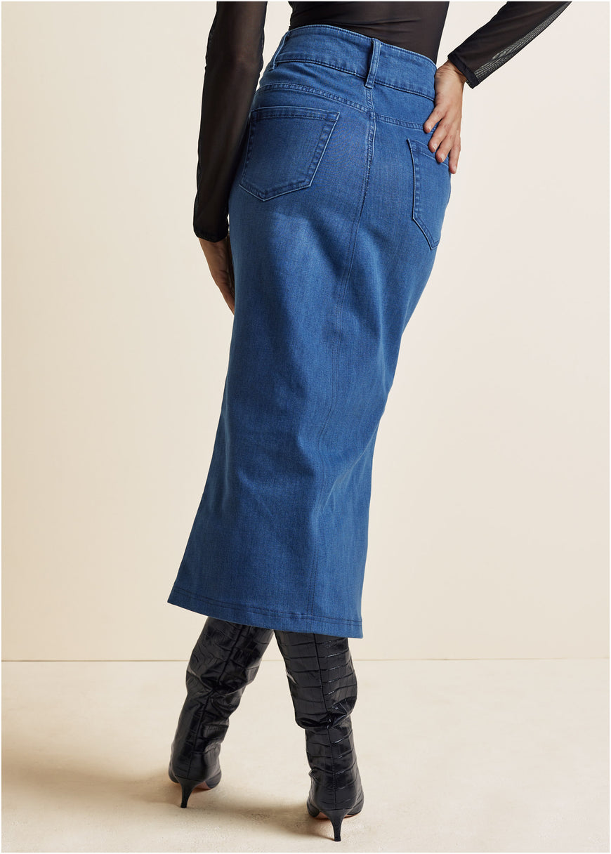 Jupe midi en denim upcyclé - Dark Wash