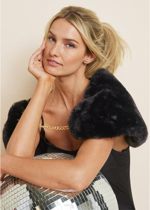 Chain Detail Faux Fur Stole - Black - thumbnail-3