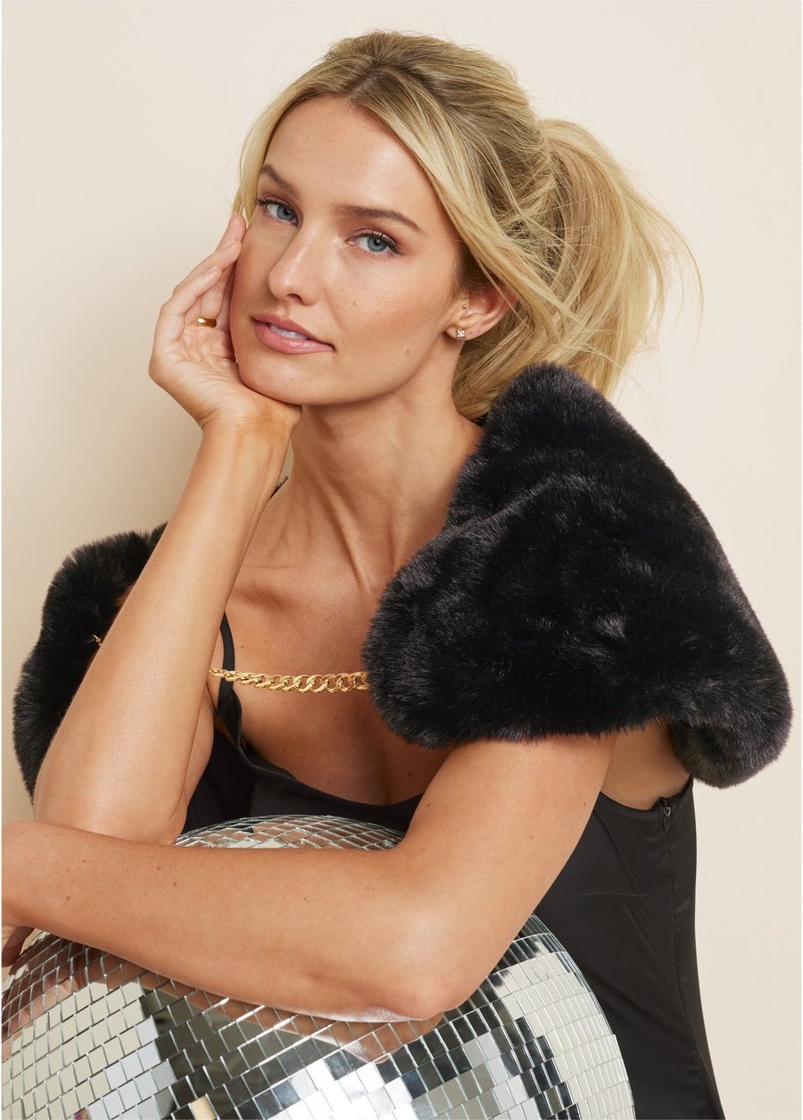 Chain Detail Faux Fur Stole - Black