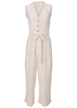 Button front linen jumpsuit - Beige - thumbnail-4