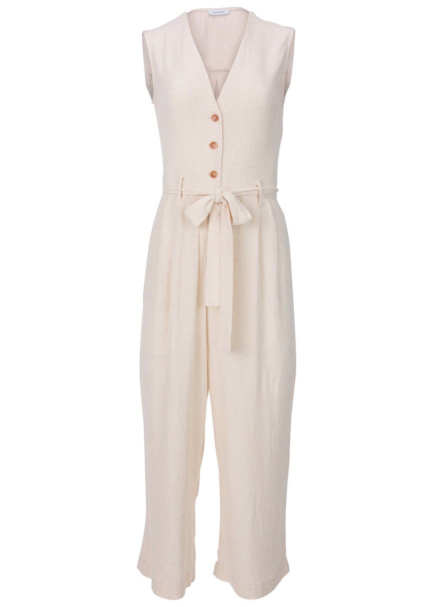 Button front linen jumpsuit - Beige