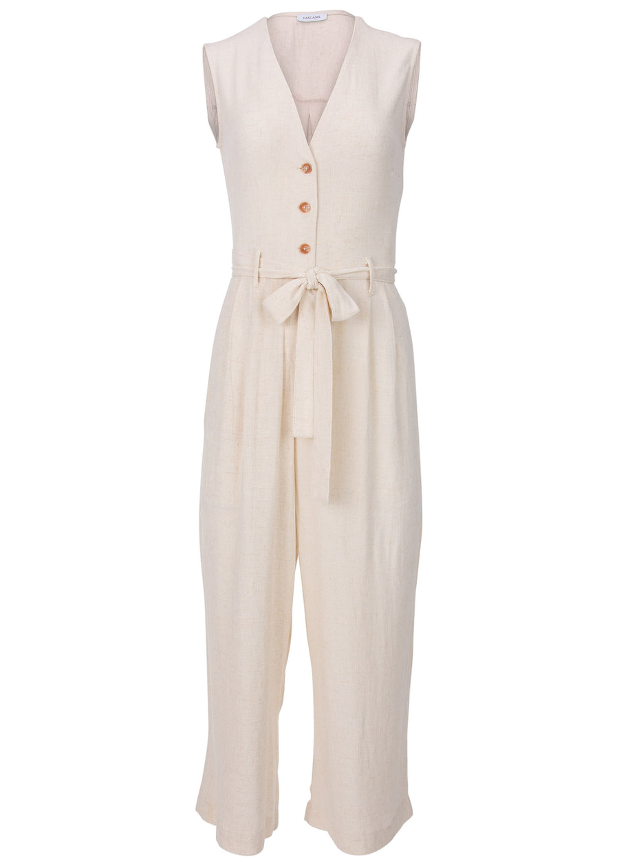 Button Front Linen Jumpsuit - Beige