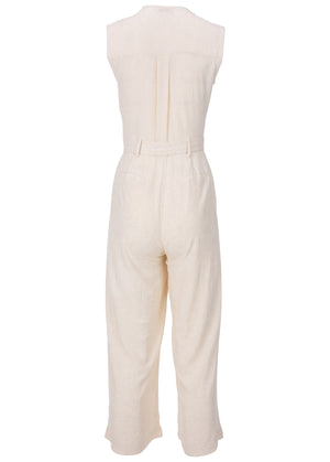 Button Front Linen Jumpsuit - Beige - thumbnail-5