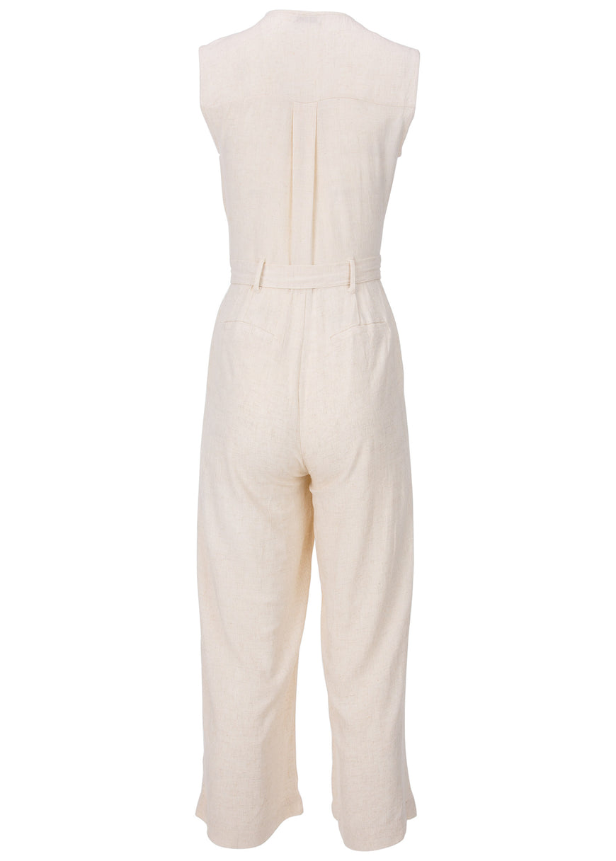 Button Front Linen Jumpsuit - Beige