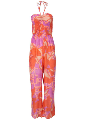 Smocked printed jumpsuit - Orange Multi - thumbnail-3