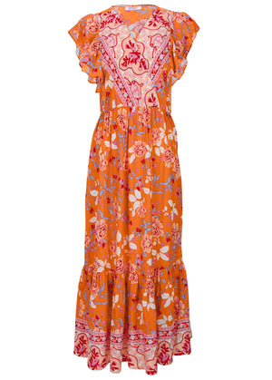 Flutter Sleeve Midi Dress - Orange Multi - thumbnail-3