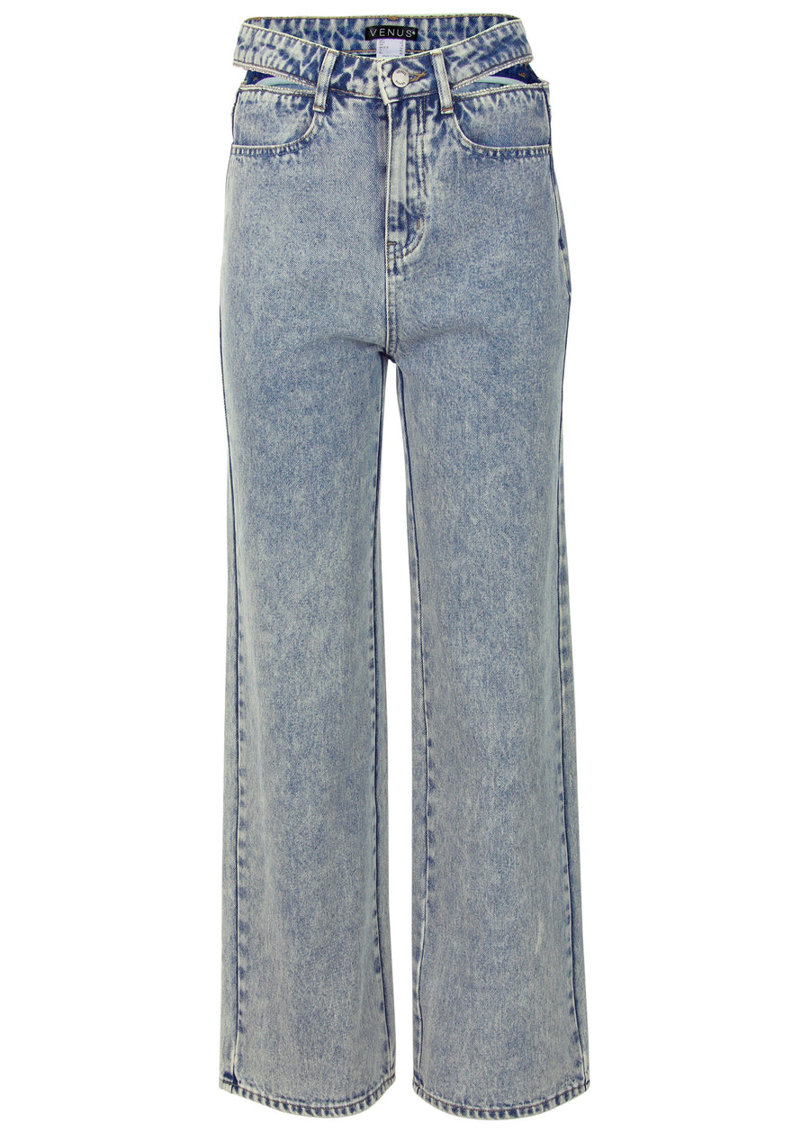 Rhinestone Cut Out Jeans - Acid Wash