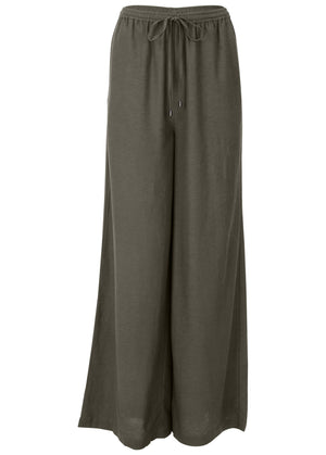 Cotton Linen Wide Leg Pants - Olive - thumbnail-5